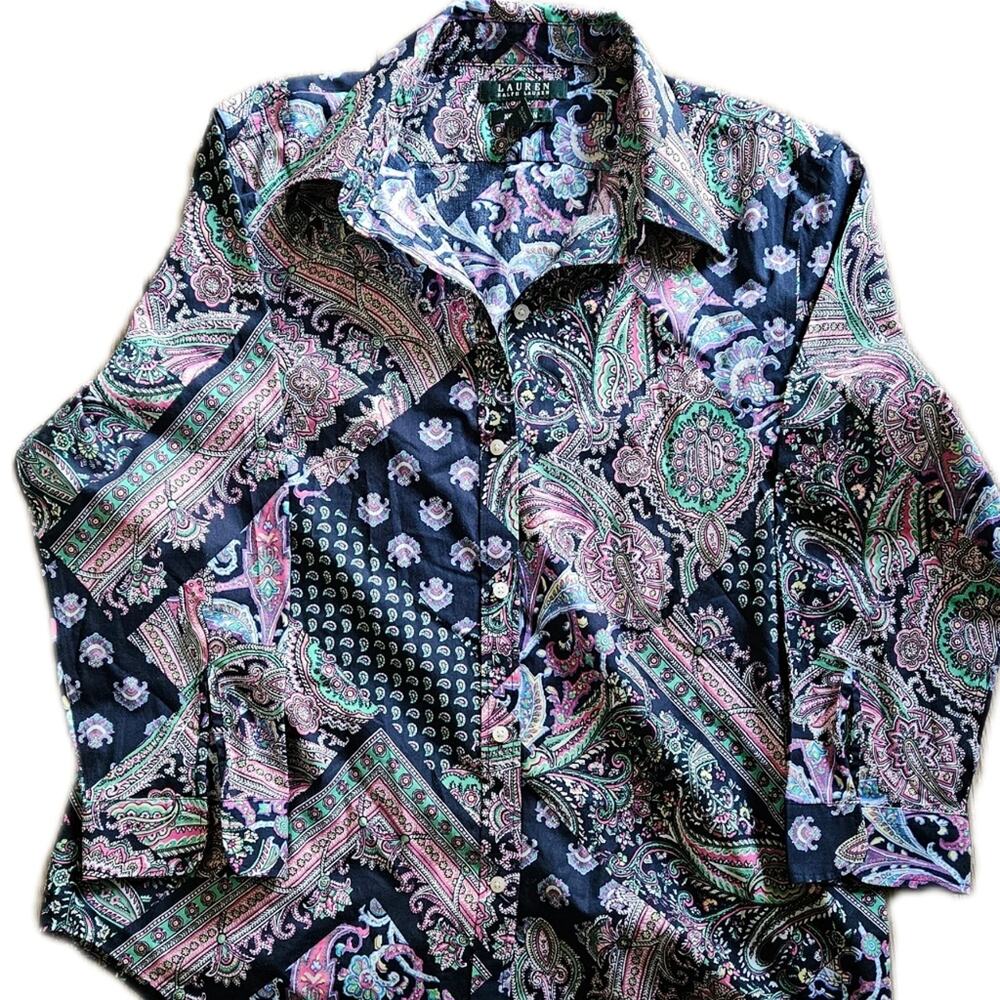 Lauren Ralph Lauren Women Large Paisley Patchwork Button Down Shirt Navy Pink - Picture 7 of 11